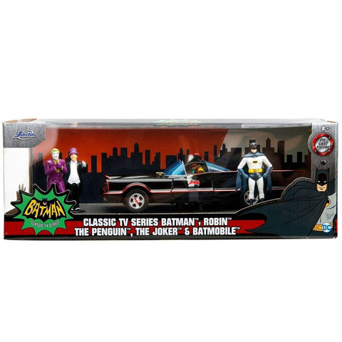 DC Comics Classic 1966 Batmobile with Batman, Penguin & Joker Figures 1:24 Scale Diecast Model by Jada 33737
