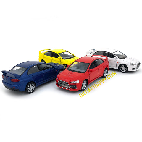 2008 Mitsubishi Lancer Evolution X 1:36 Scale Diecast Model White/Blue/Red/Yellow by Kinsmart (SET OF 4)