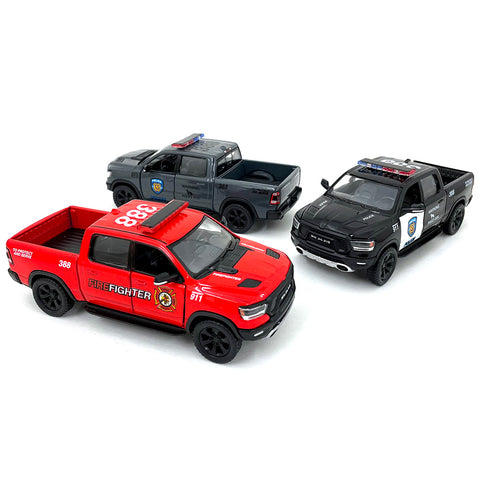 2019 Dodge Ram 1500 Police/Firefighter Edition Trucks 1:46 Scale Diecast Model by Kinsmart (SET OF 3)