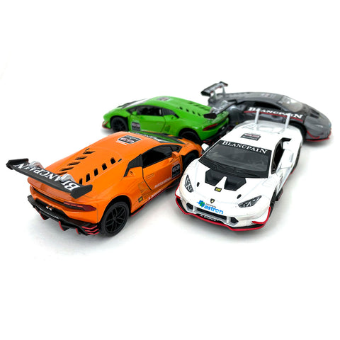 2019 Lamborghini Huracán LP620-2 Super Trofeo 1:36 Scale Diecast Model Green/Orange/Gray/White by Kinsmart (SET OF 4)