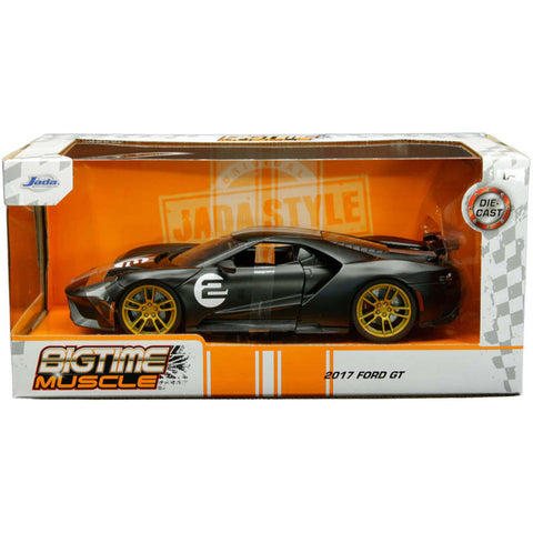 Bigtime Muscle 2017 Ford GT 1:24 Scale Diecast Model Matte Black Silver Stripes by Jada 33882 DIECAST HAPPY
