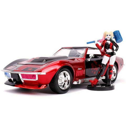 DC Comics Harley Quinn 1969 Chevy Corvette Stingray 1:24 Scale Diecast Model with Figure Red by Jada 31196