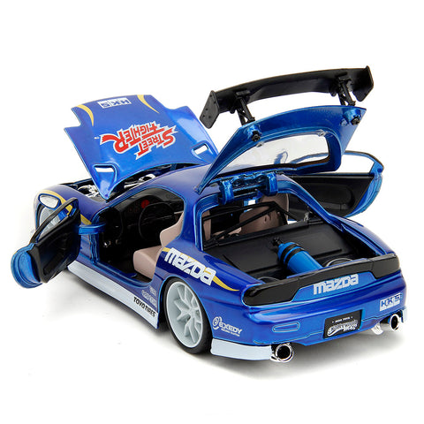 Street Fighter 1993 Mazda RX-7 1:24 Scale Diecast Model w/ Chun-Li Figure in Blue by Jada 30838