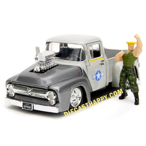 Street Fighter 1956 Ford F-100 Truck 1:24 Scale Diecast Model w/ Guile Figure Grey by Jada 34373