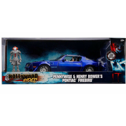 Hollywood Rides Pennywise and Henry Bower's 1977 Pontiac Firebird with Figures 1:24 Scale Diecast Model Blue by Jada 31118