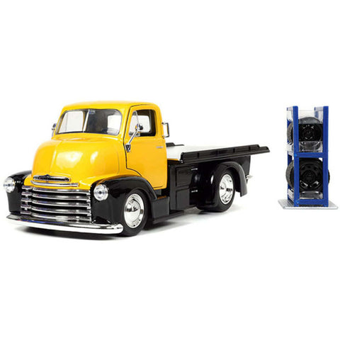 Just Trucks 1952 Chevrolet Coe Flatbed Tow Truck with Extra Wheels 1:24 Scale Diecast Model Yellow by Jada 33848