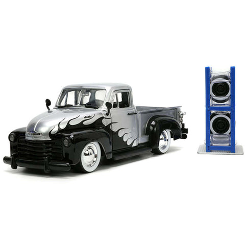 Just Trucks 1953 Chevrolet Pickup Truck w Extra Wheels 1:24 Scale Diecast Model Silver with Black Flames by Jada 33025