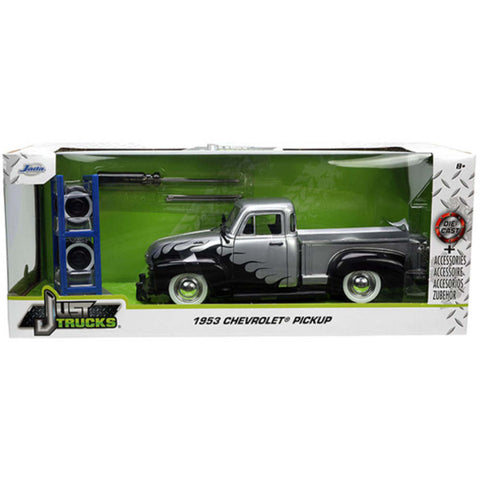 Just Trucks 1953 Chevrolet Pickup Truck w Extra Wheels 1:24 Scale Diecast Model Silver with Black Flames by Jada 33025