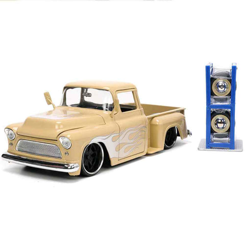 Just Trucks 1955 Chevrolet Stepside Pickup Truck With Extra Wheels 1:24 Scale Diecast Model Beige by Jada 34024 diecasthappy.com
