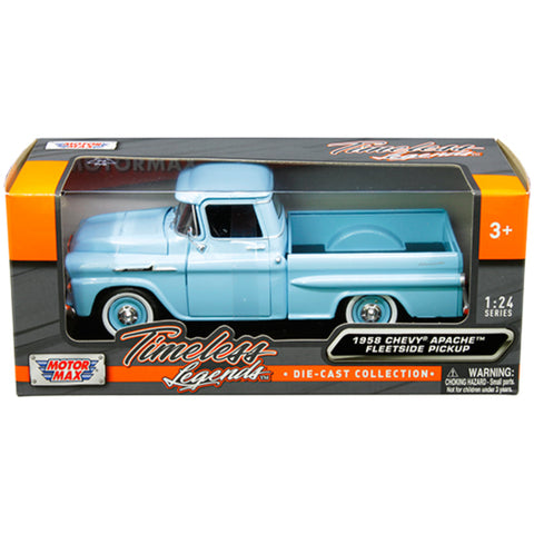 Timeless Legends 1958 Chevrolet Apache Fleetside Pickup 1:24 Scale Diecast Model Blue by Motor Max 79311AC-LTBL