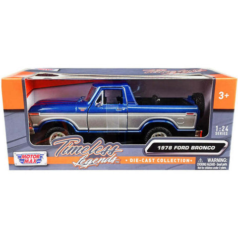 Timeless Legends 1978 Ford Bronco Ranger XLT 1:24 Scale Diecast Model Blue Silver by Motor Max 79372