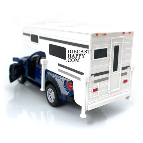 2013 Ford F-150 SVT Raptor Supercrew w/ Camper 1:46 Scale Diecast Model Blue by Kinsmart