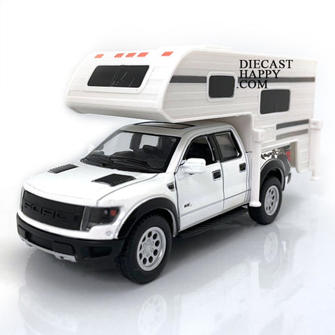 2013 Ford F-150 SVT Raptor Supercrew w/ Camper 1:46 Scale Diecast Model White by Kinsmart