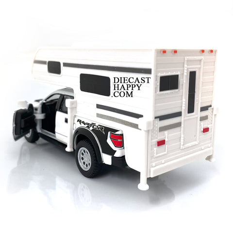 2013 Ford F-150 SVT Raptor Supercrew w/ Camper 1:46 Scale Diecast Model White by Kinsmart