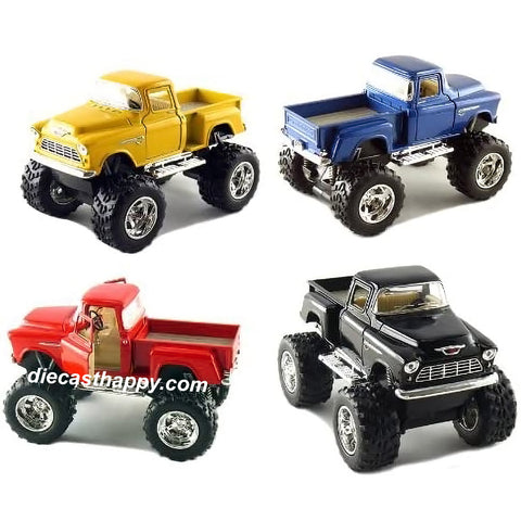 1955 Chevy Stepside Pickup Truck 4x4 w/ Big Wheels 1:32 Scale Black/Red/Blue/Yellow by Kinsmart (SET OF 4)