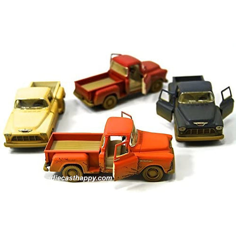 1955 Chevy Stepside Pickup Truck Muddy Version 1:32 Scale White/Red/Blue/Orange by Kinsmart (SET OF 4)