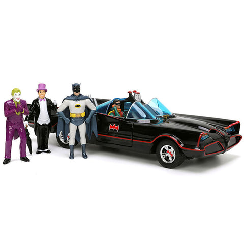DC Comics Classic 1966 Batmobile with Batman, Penguin & Joker Figures 1:24 Scale Diecast Model by Jada 33737