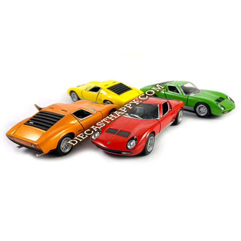 1971 Lamborghini Miura 1:34 Scale Diecast Model Red/Orange/Yellow/Green by Kinsmart (SET OF 4)