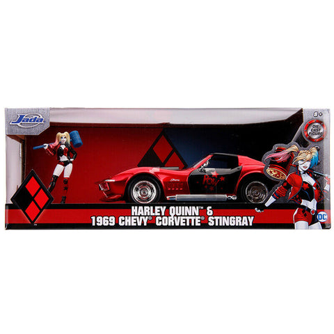 DC Comics Harley Quinn 1969 Chevy Corvette Stingray 1:24 Scale Diecast Model with Figure Red by Jada 31196