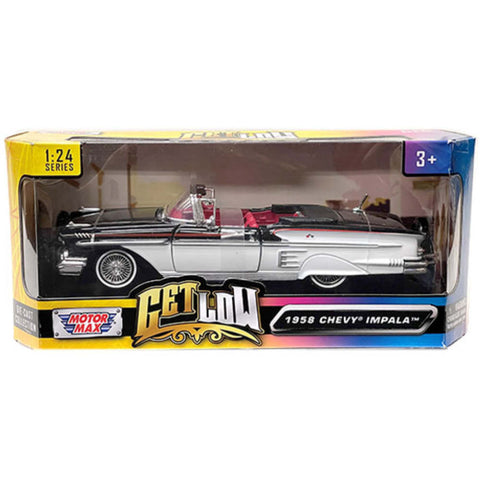 Get Low 1958 Chevy Impala Convertible 1:24 Scale Diecast Model White Black by Motor Max 79025WHB