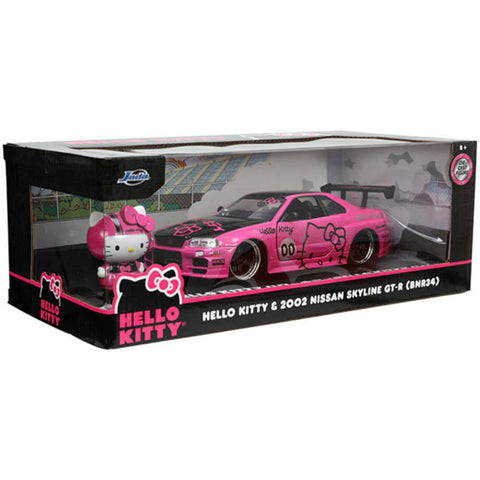 Hello Kitty 2002 Nissan Skyline GT-R R34 with Black Wheels 1:24 Scale Diecast Model Hello Kitty Figure in Pink by Jada 34092