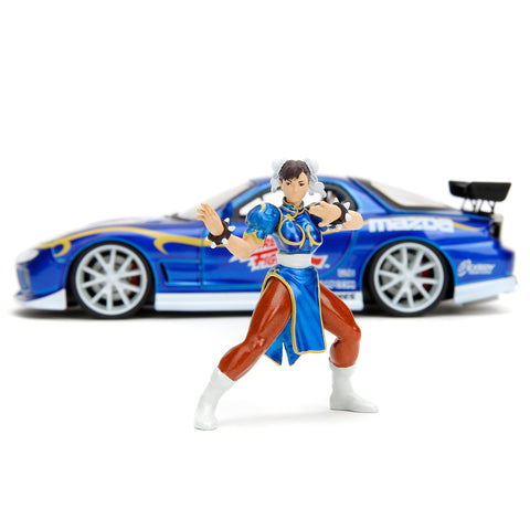 Street Fighter 1993 Mazda RX-7 1:24 Scale Diecast Model w/ Chun-Li Figure in Blue by Jada 30838