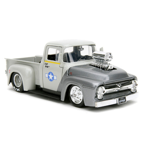 Street Fighter 1956 Ford F-100 Truck 1:24 Scale Diecast Model w/ Guile Figure Grey by Jada 34373