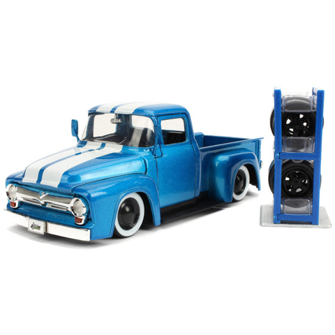 Just Trucks 1956 Ford F-100 Pickup With Extra Wheels 1:24 Scale Diecast Model Blue by Jada 31541