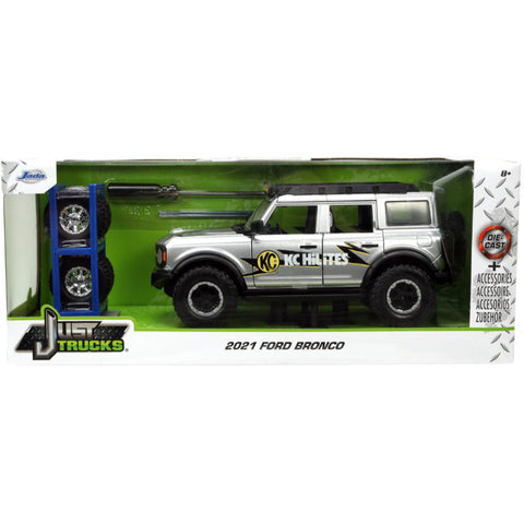 Just Trucks 2021 Ford Bronco w/ Extra Wheels 1:24 Scale Diecast Model KC HiLites Metallic Silver by Jada 33852