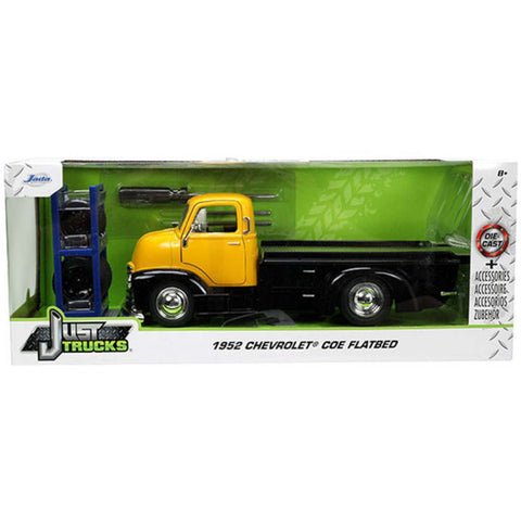 Just Trucks 1952 Chevrolet Coe Flatbed Tow Truck with Extra Wheels 1:24 Scale Diecast Model Yellow by Jada 33848