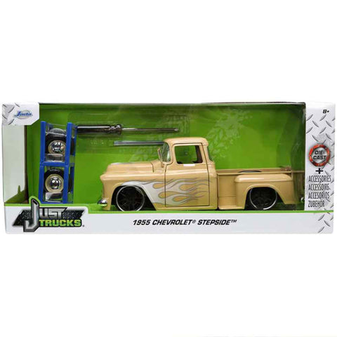 Just Trucks 1955 Chevrolet Stepside Pickup Truck With Extra Wheels 1:24 Scale Diecast Model Beige by Jada 34024 diecasthappy.com