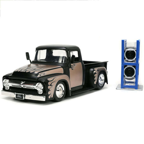 Just Trucks 1956 Ford F-100 Pickup With Extra Wheels 1:24 Scale Diecast Model Black by Jada 34026 diecasthappy.com