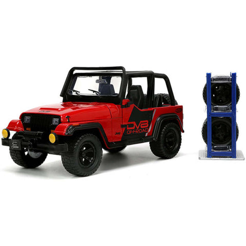 Just Trucks 1992 Jeep Wrangler 1:24 Scale Diecast Model Red With Extra Wheels by Jada 33851