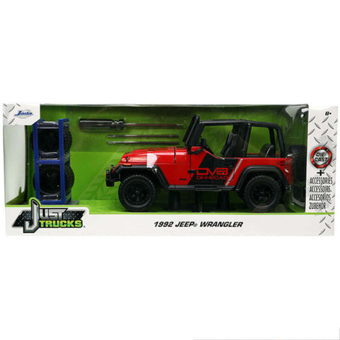 Just Trucks 1992 Jeep Wrangler 1:24 Scale Diecast Model Red With Extra Wheels by Jada 33851