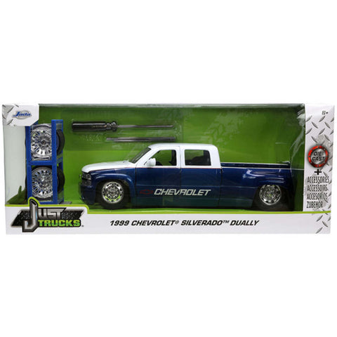 Just Trucks 1999 Chevrolet Silverado Dually Pickup Truck with Extra Wheels 1:24 Scale Diecast Model Blue White by Jada 33026