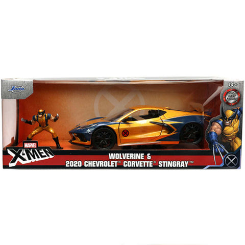 Marvel X-MEN 2020 Chevrolet Corvette Stingray 1:24 Scale Diecast Model With Wolverine Figure Yellow/Blue by Jada 33354 diecasthappy.com