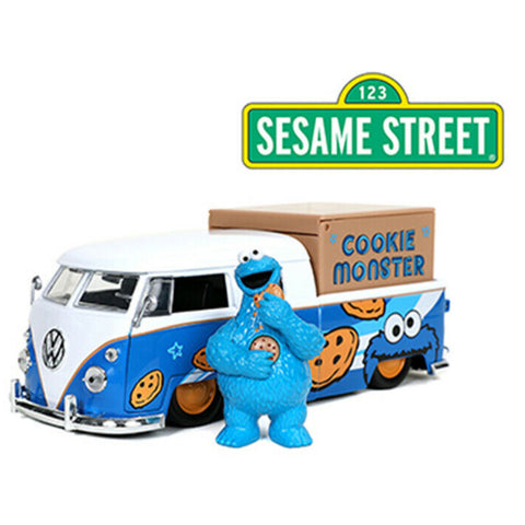 Sesame Street 1962 Volkswagen Bus Truck 1:24 Scale Diecast Model with Cookie Monster Figure by Jada 31751
